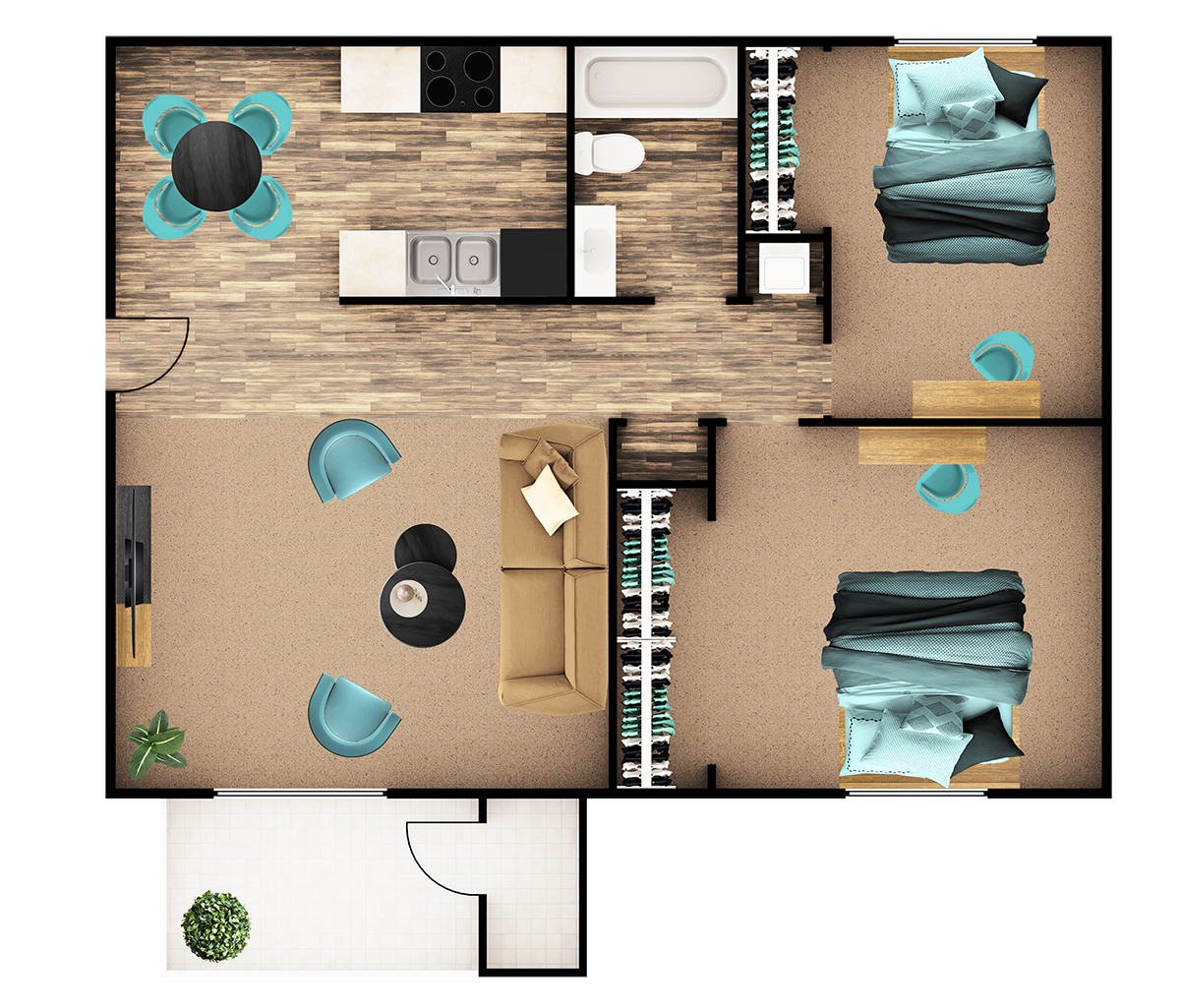 Floor plan for 2 beds, 1 bath, 807 sqft